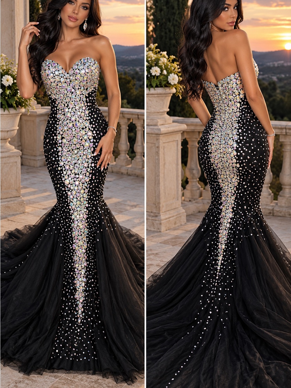 Strapless Black Mermaid Prom Dress with Iridescent Crystal Center